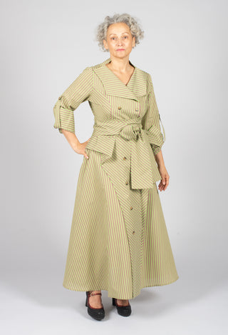 Asymmertic Pinstripe Dress in Beige and Green