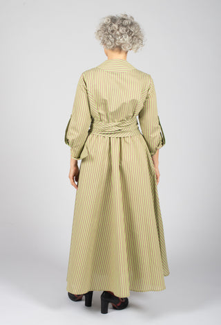 Asymmertic Pinstripe Dress in Beige and Green