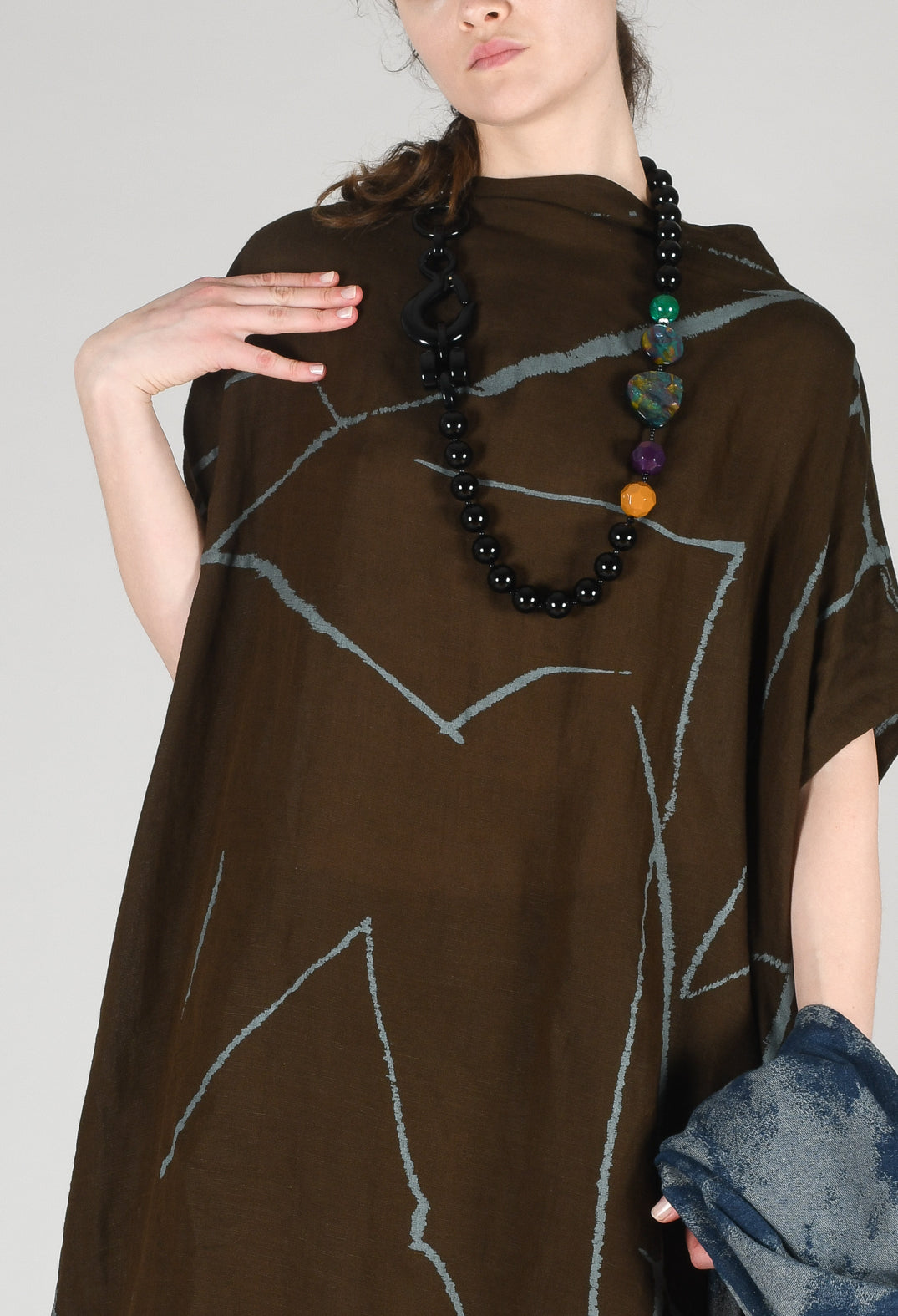 High Neckline Dress in Brown Print