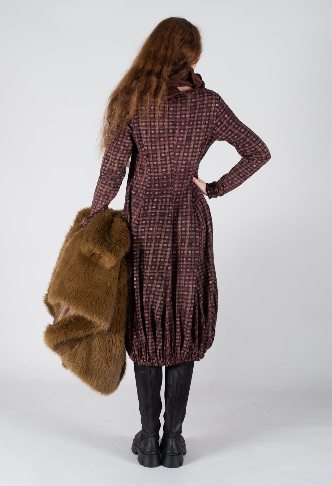 Long Sleeve Dress with Gathered Hem in Bronze Check