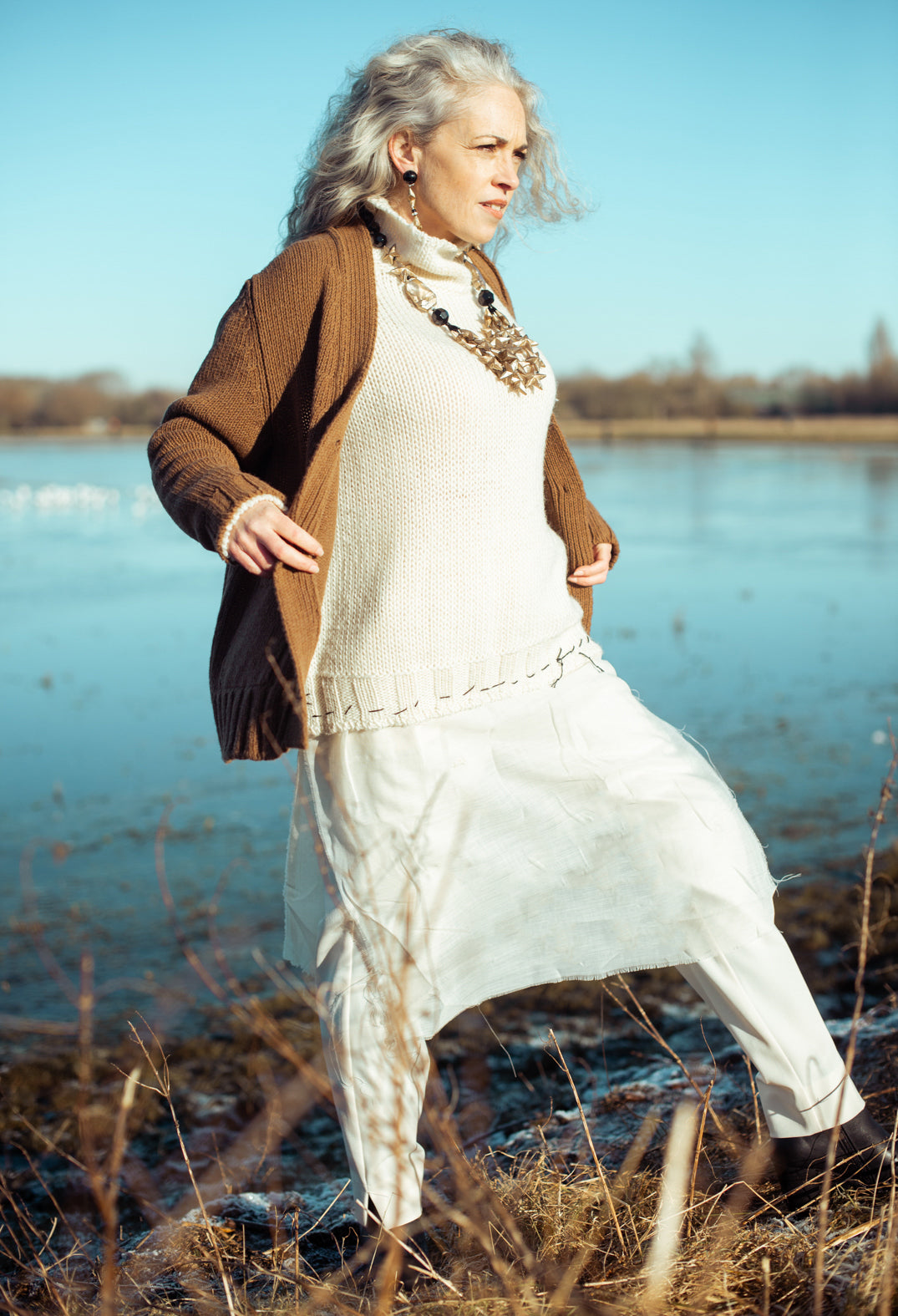 Seamed Sweater with Gauze in Cream