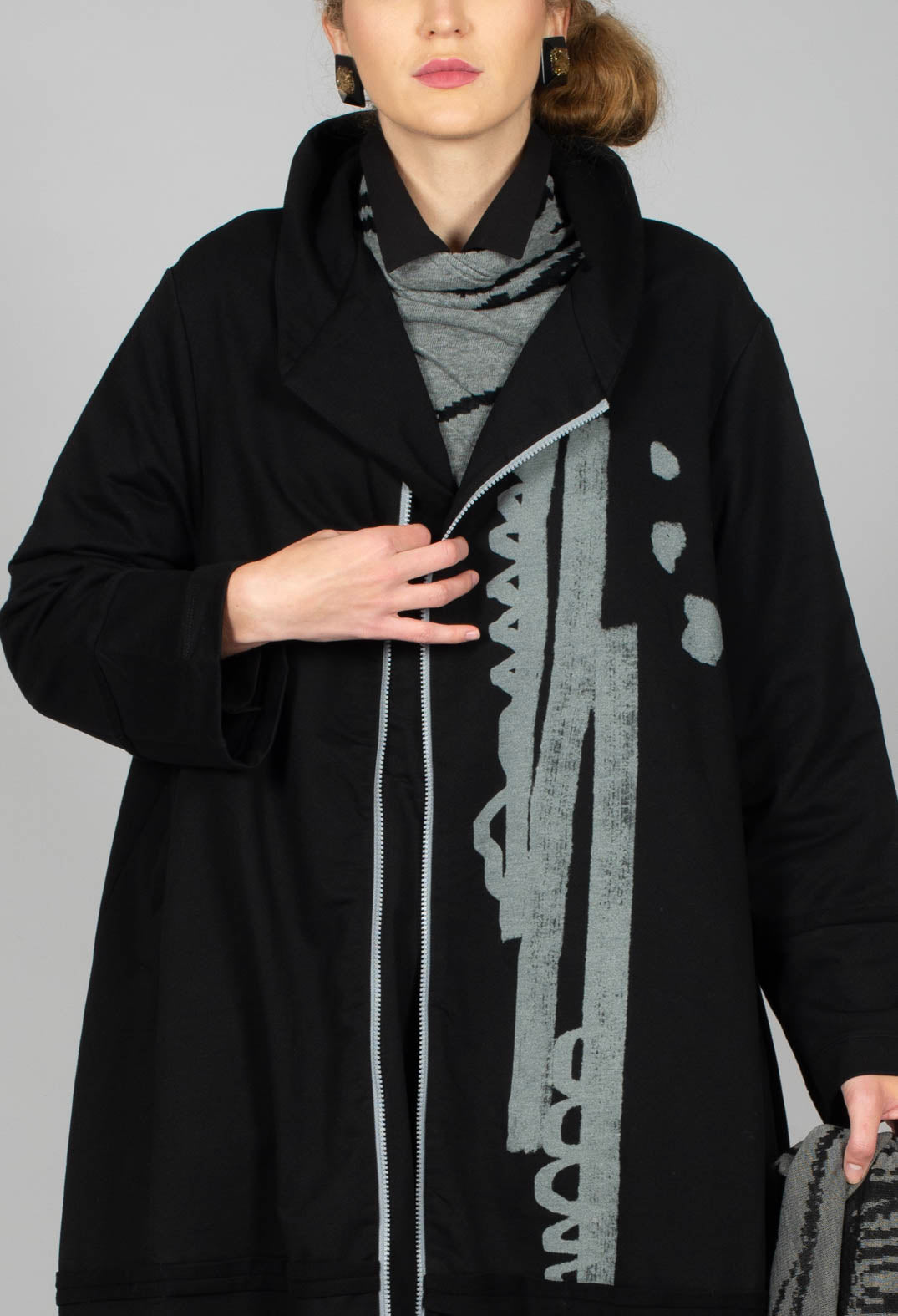 Longline Zip Hooded Coat in Black