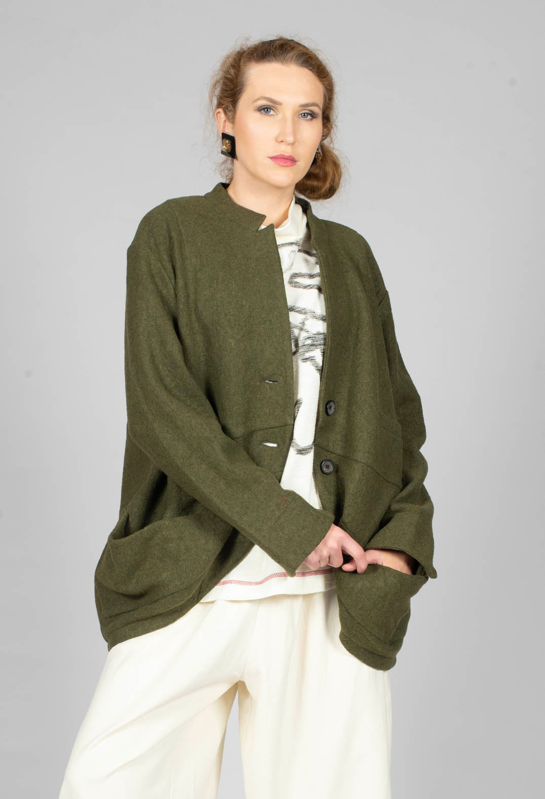 Relaxed Collarless Jacket in Green