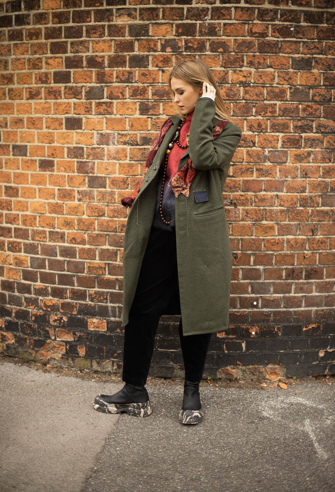 Brooch Detail Long Coat in Original Green