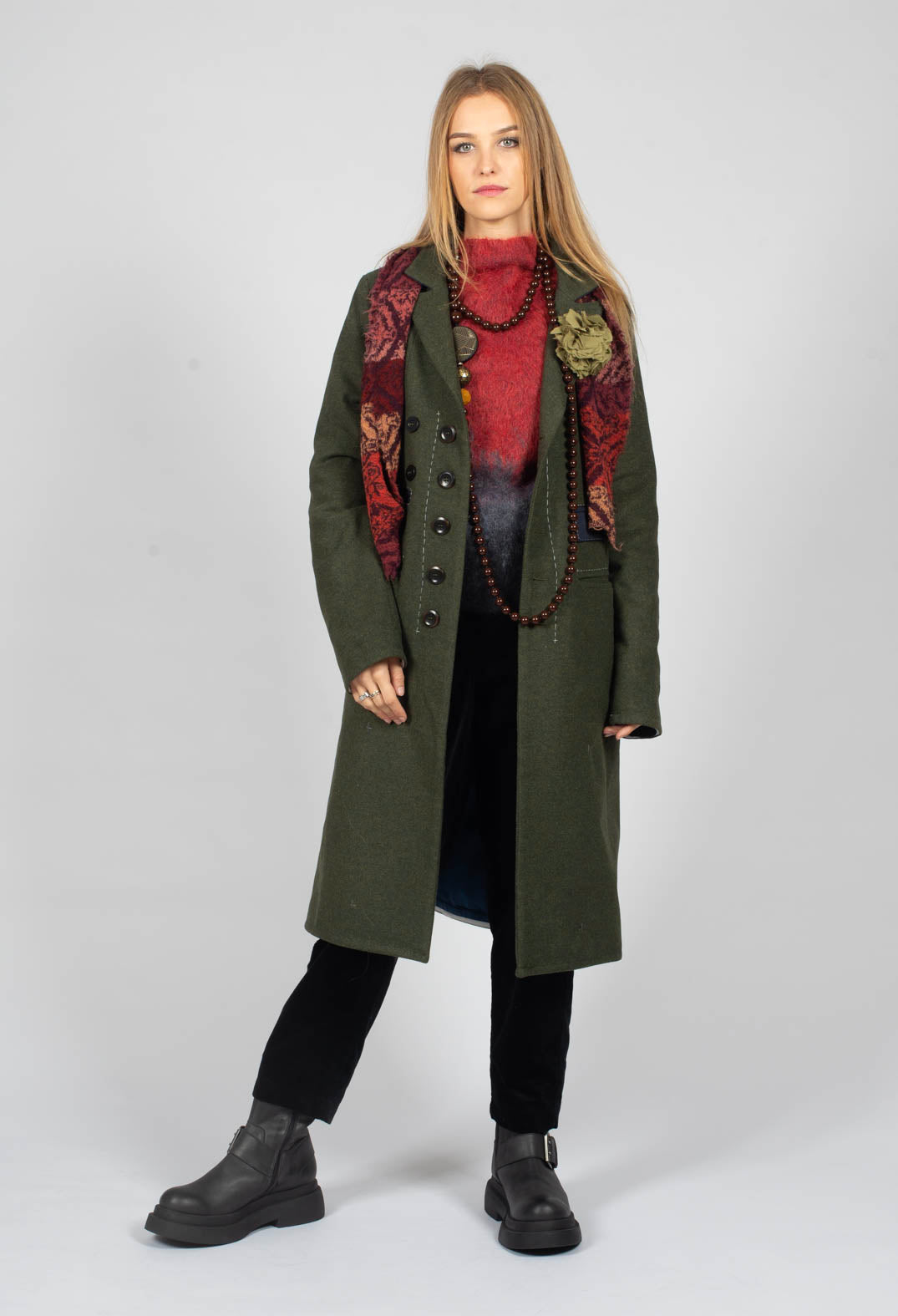 Brooch Detail Long Coat in Original Green