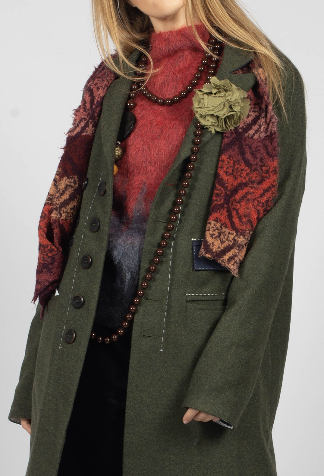 Brooch Detail Long Coat in Original Green