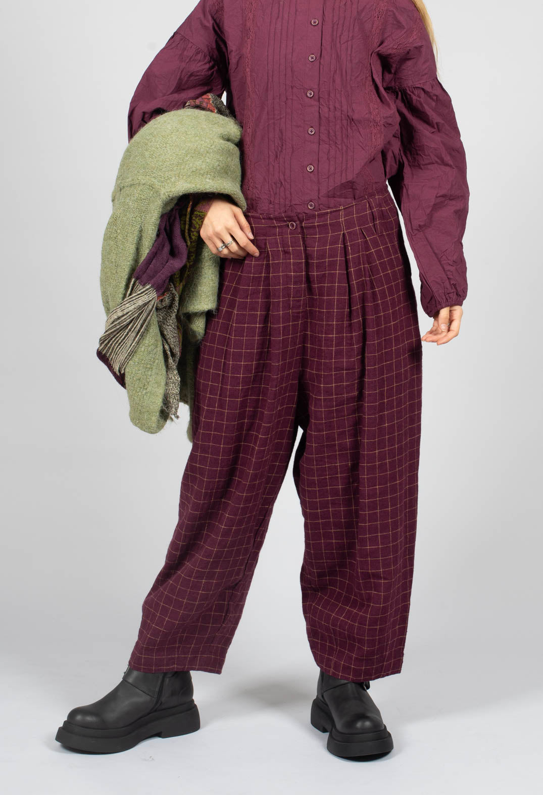 Botvi Linen Check Trousers in Dark Plum