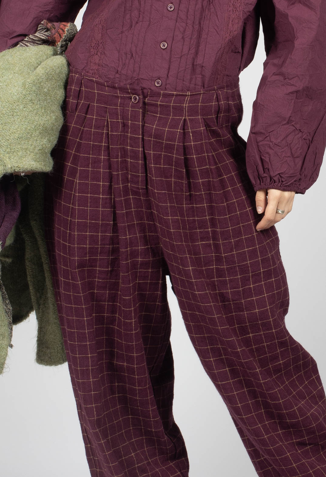 Botvi Linen Check Trousers in Dark Plum