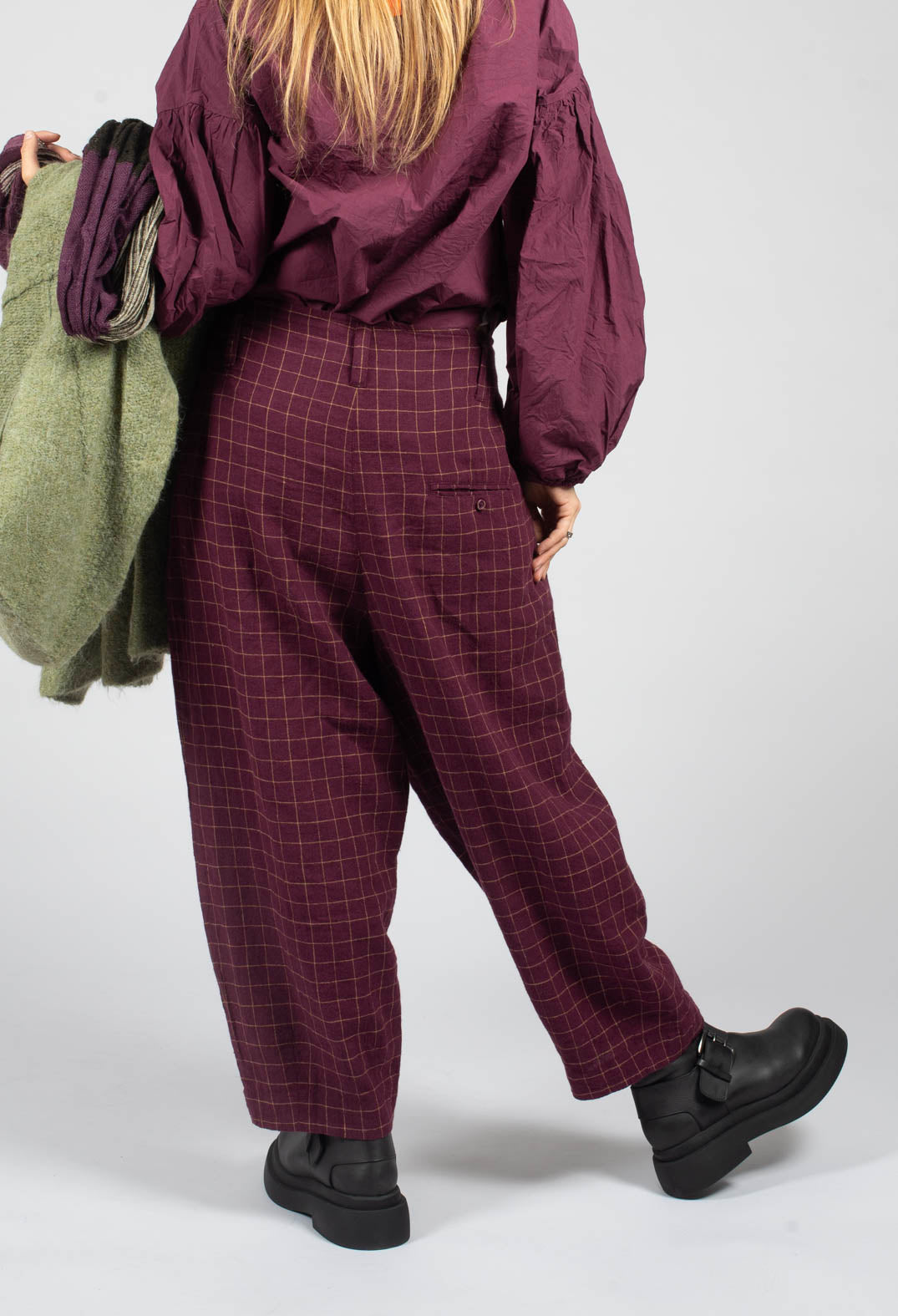 Botvi Linen Check Trousers in Dark Plum