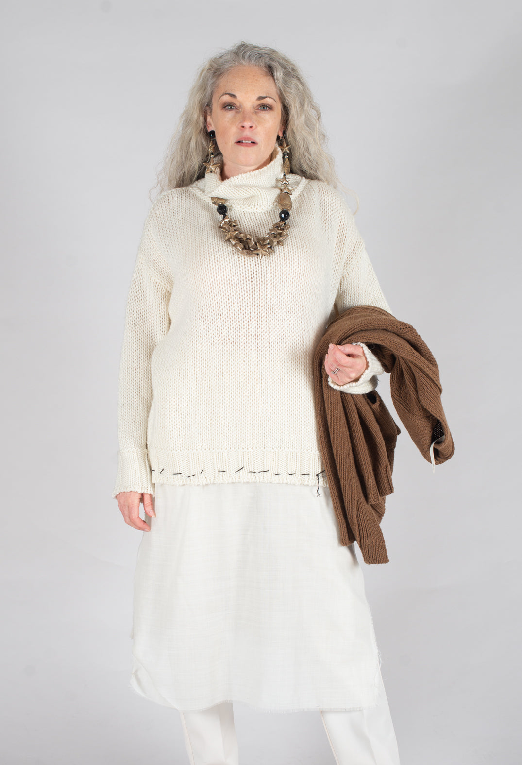 Seamed Sweater with Gauze in Cream