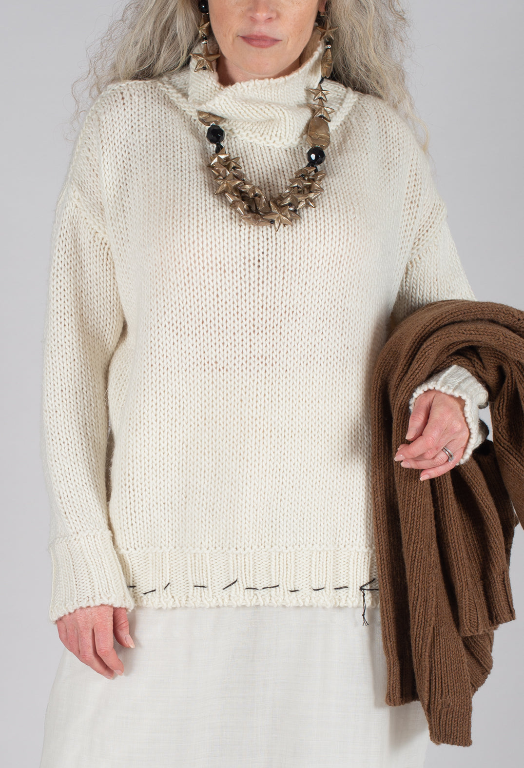 Seamed Sweater with Gauze in Cream