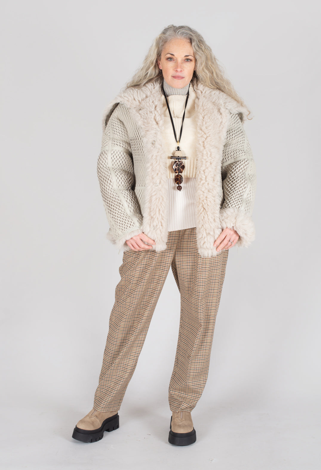 Tailored Dogtooth Trousers in Beige
