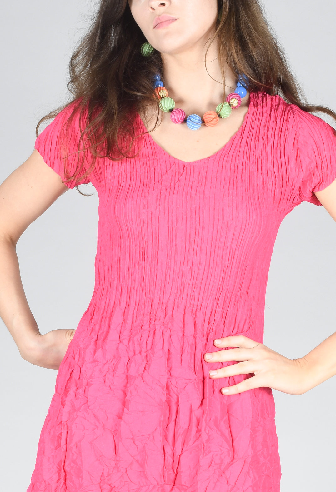 Short Sleeve Crinkle Dress in Mars Pink