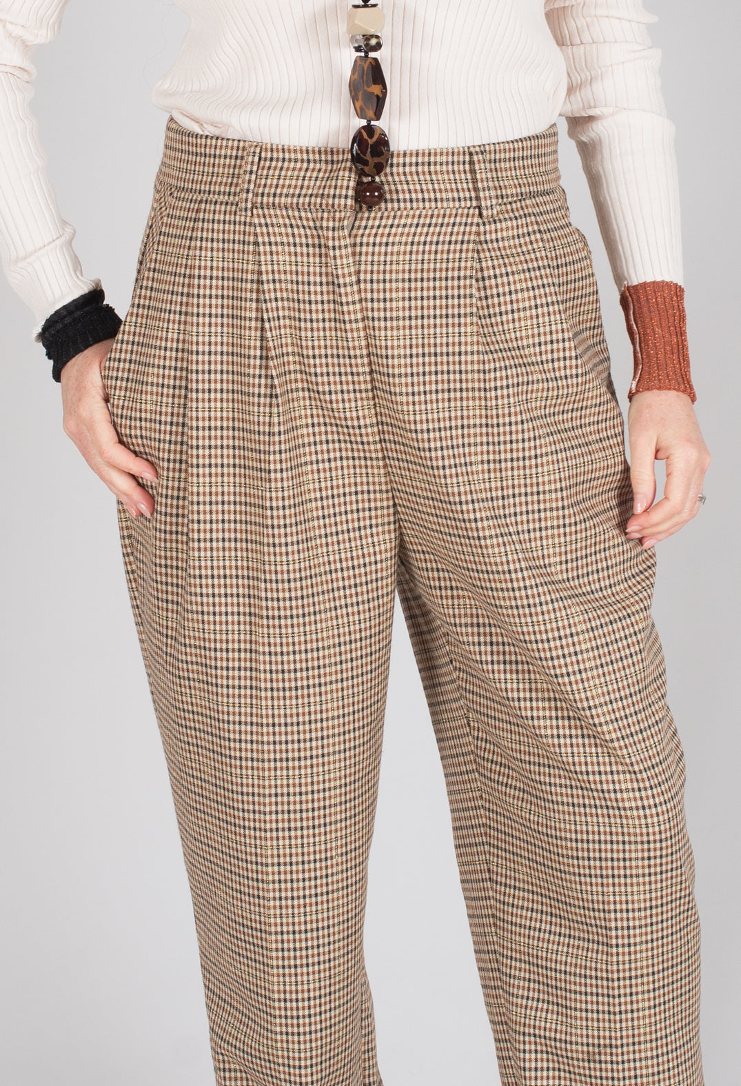 Tailored Dogtooth Trousers in Beige