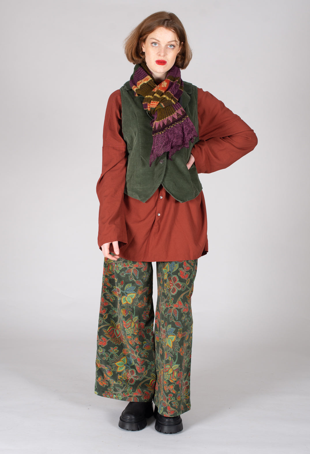 Paisley Print Cord Trousers in Moss
