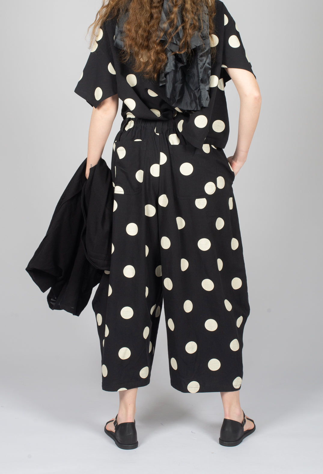 Wide Leg Spotted Trousers in Black
