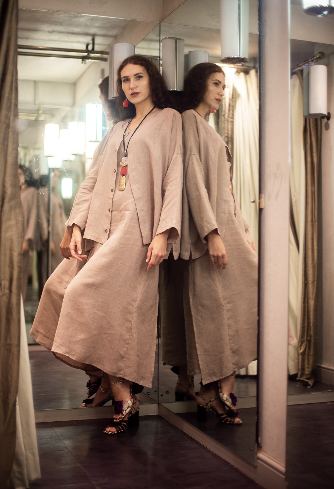 V-Neck Linen Dress in Dusky Pink