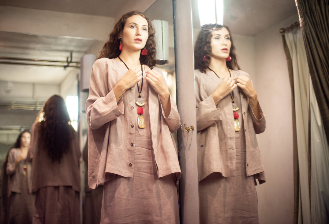 Collarless Linen Shirt in Dusky Pink