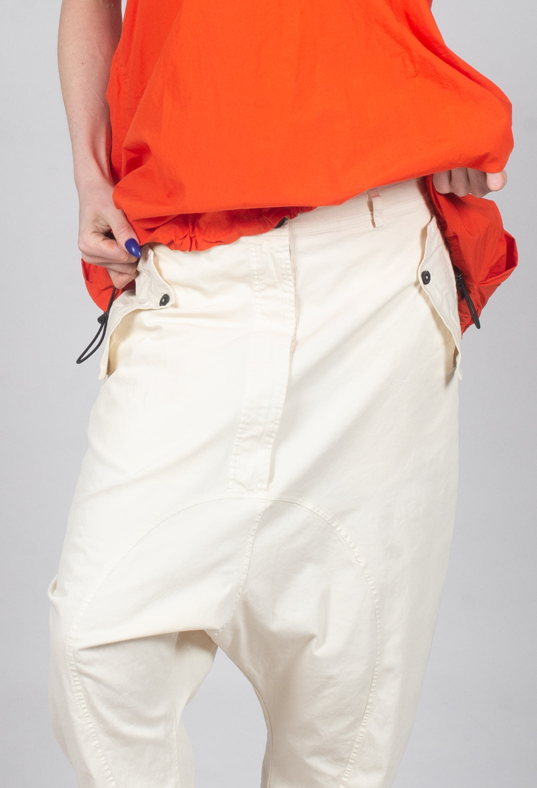Drop-Crotch Cotton Trousers with Belt Loops in Greige