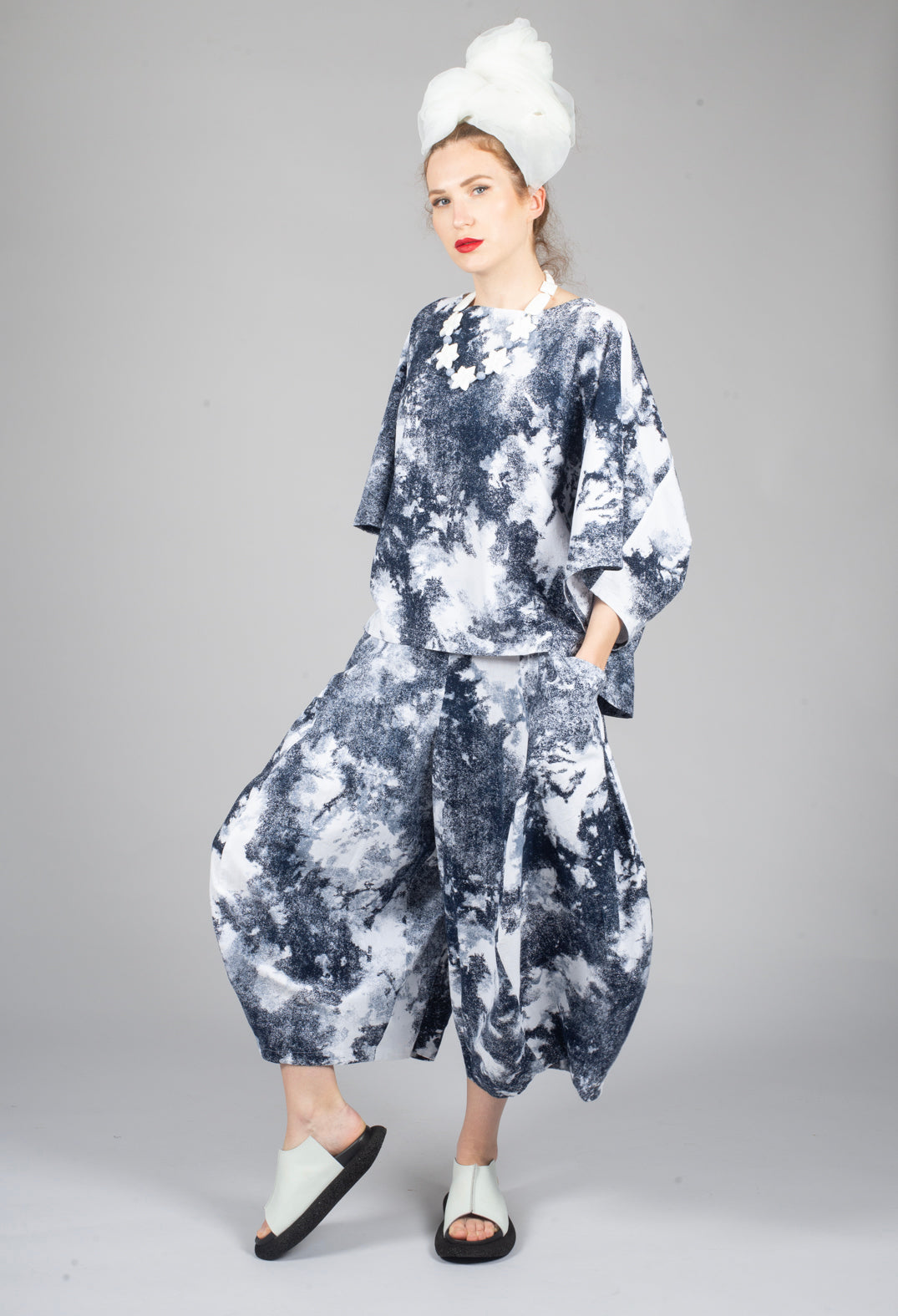 Balloon Trousers in Blue and White Print