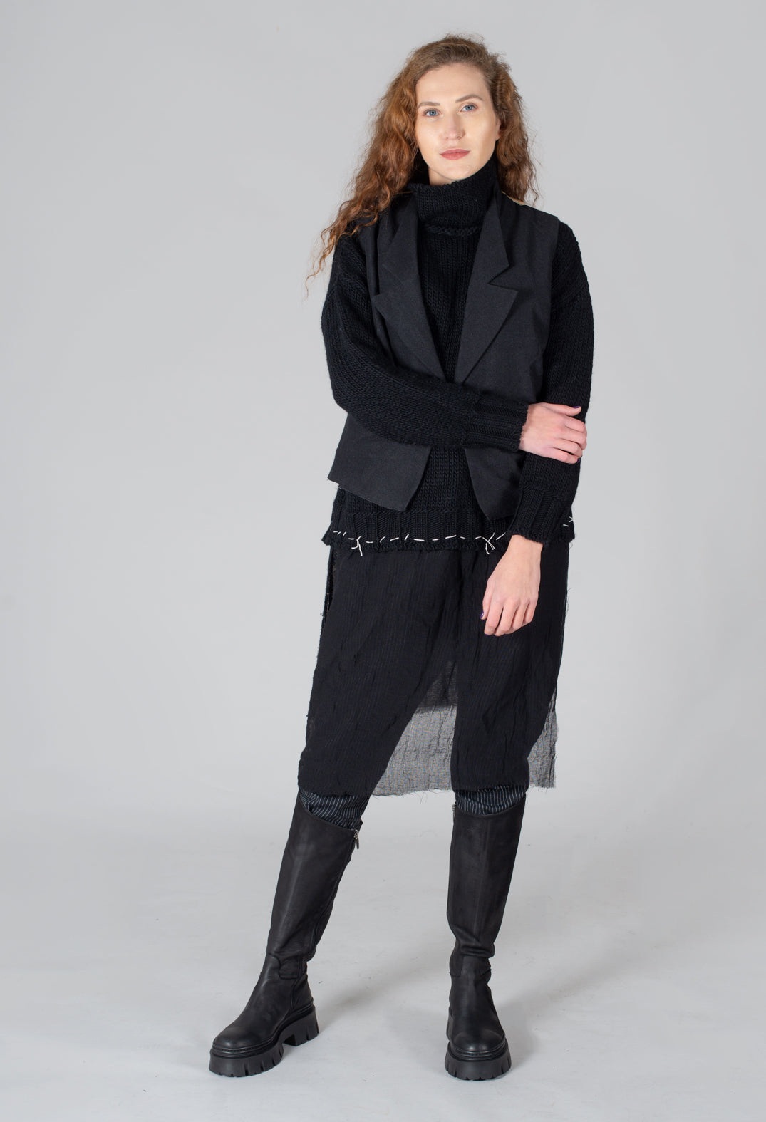 Seamed Sweater with Gauze in Black