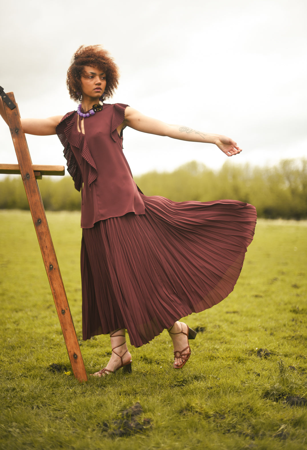 Top with Pleated Ruffles in Cocoa