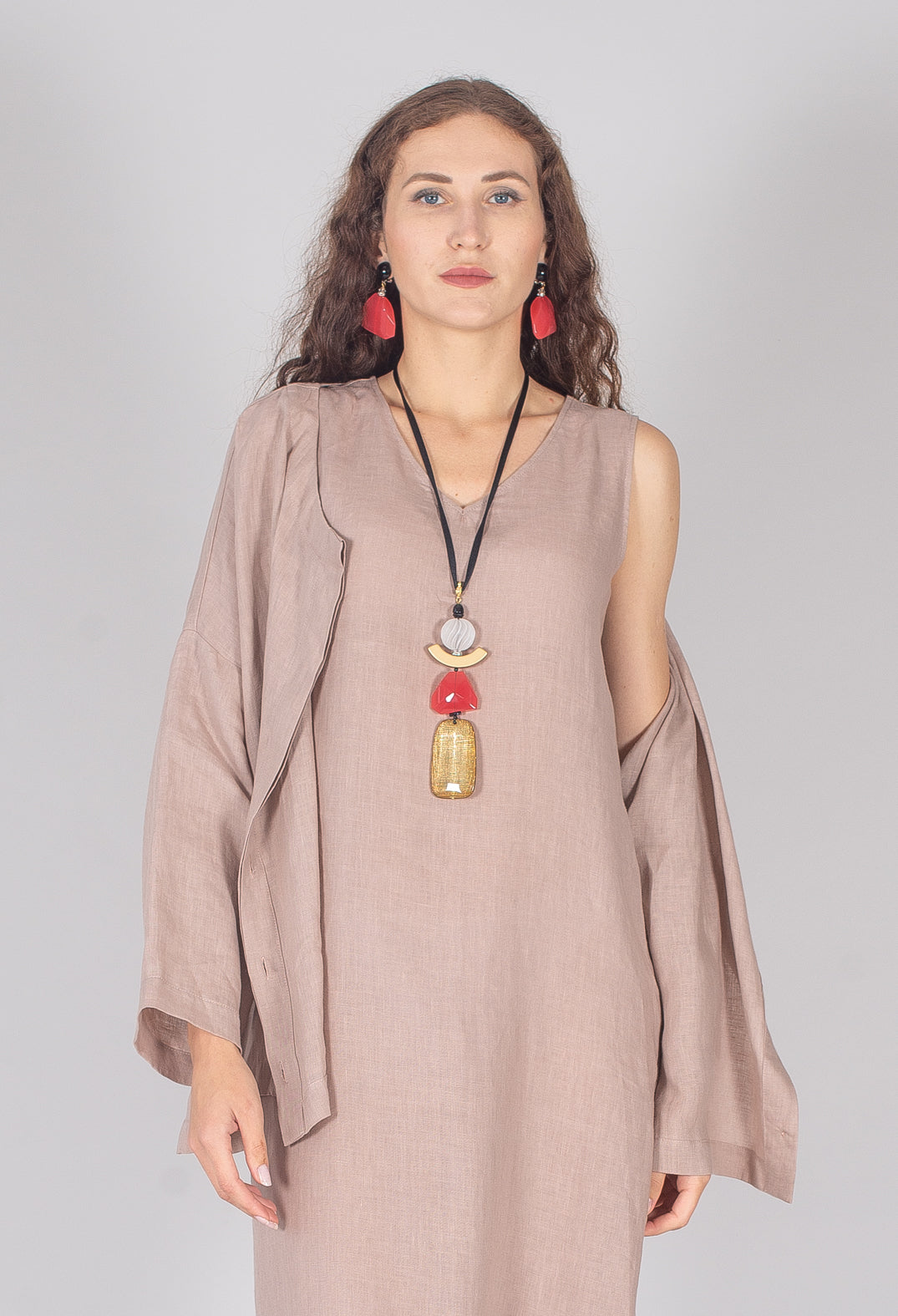 Collarless Linen Shirt in Dusky Pink