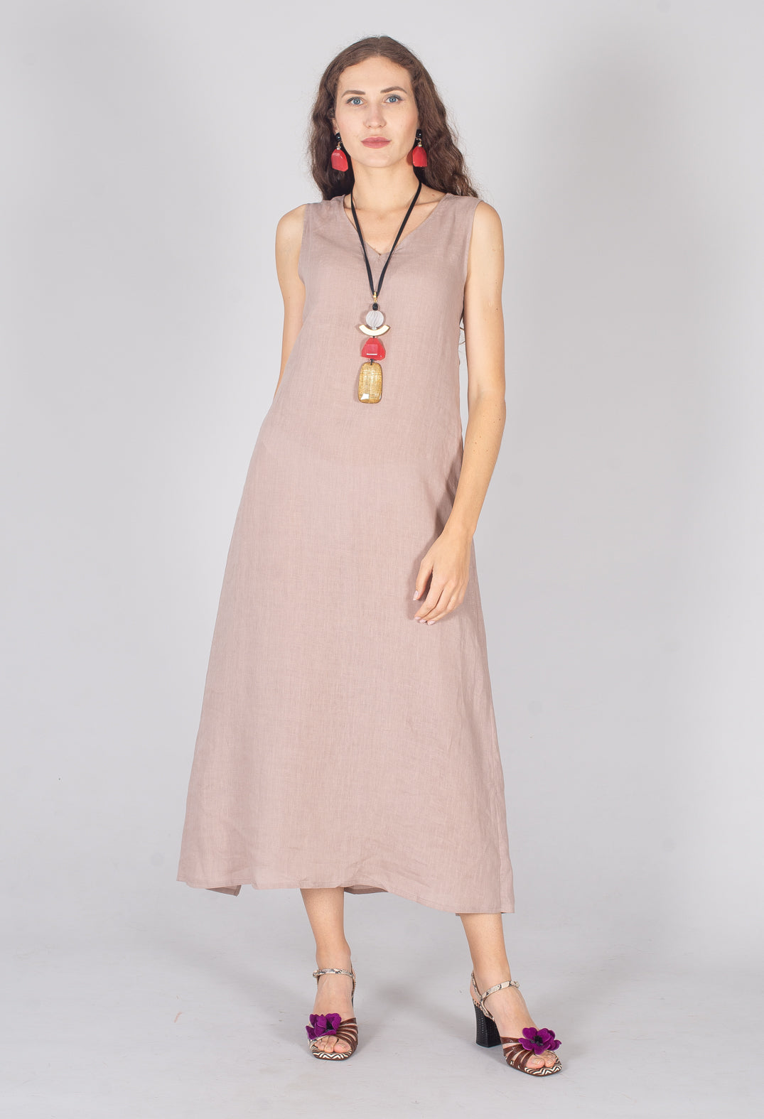 V-Neck Linen Dress in Dusky Pink
