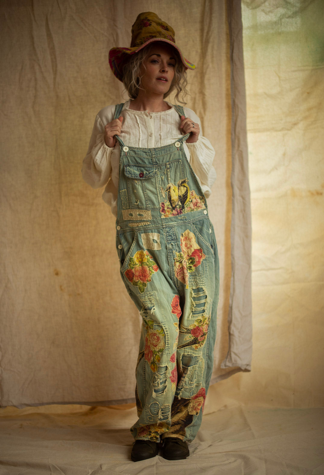 Floral Applique Overalls in Washed Indigo