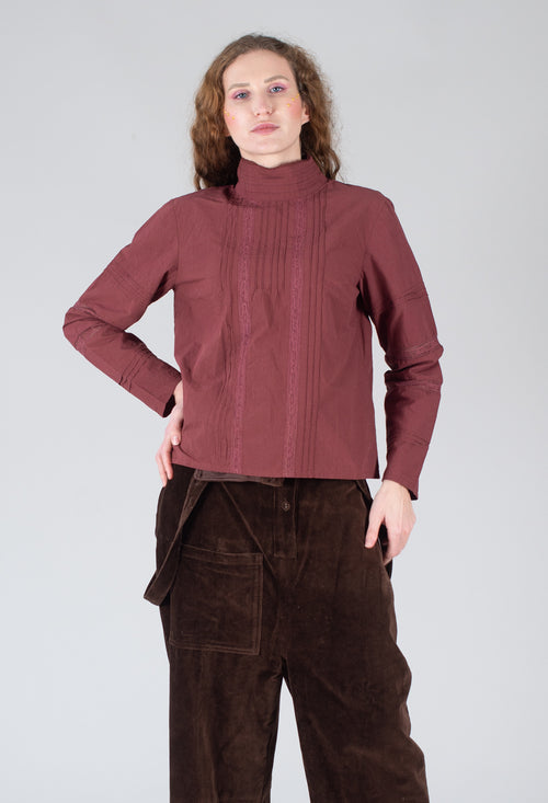 Long Sleeved Blouse with High Collar and Lace Details in Maroon