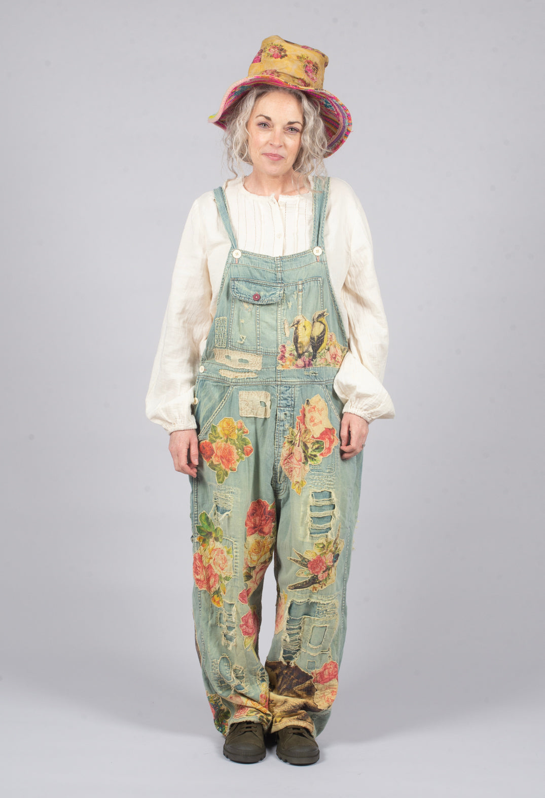 Floral Applique Overalls in Washed Indigo