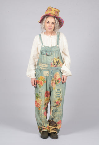 Floral Applique Overalls in Washed Indigo