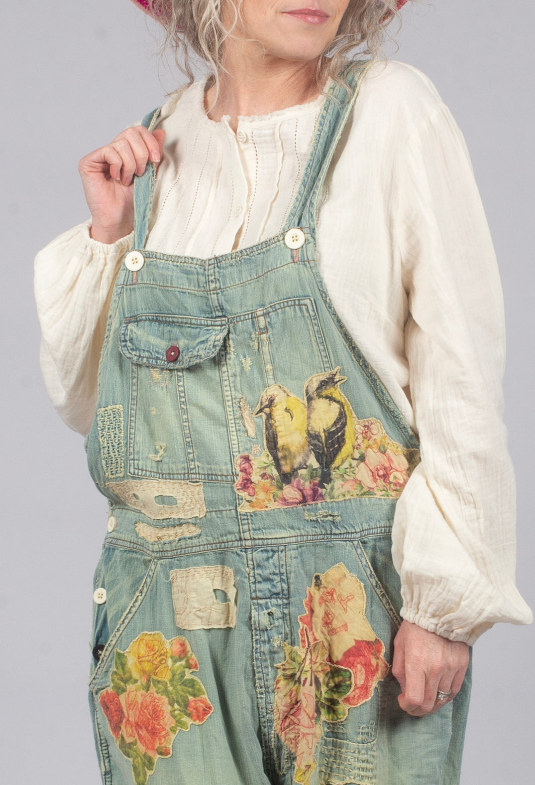 Floral Applique Overalls in Washed Indigo