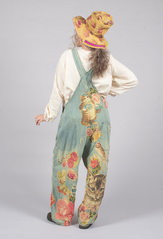Floral Applique Overalls in Washed Indigo