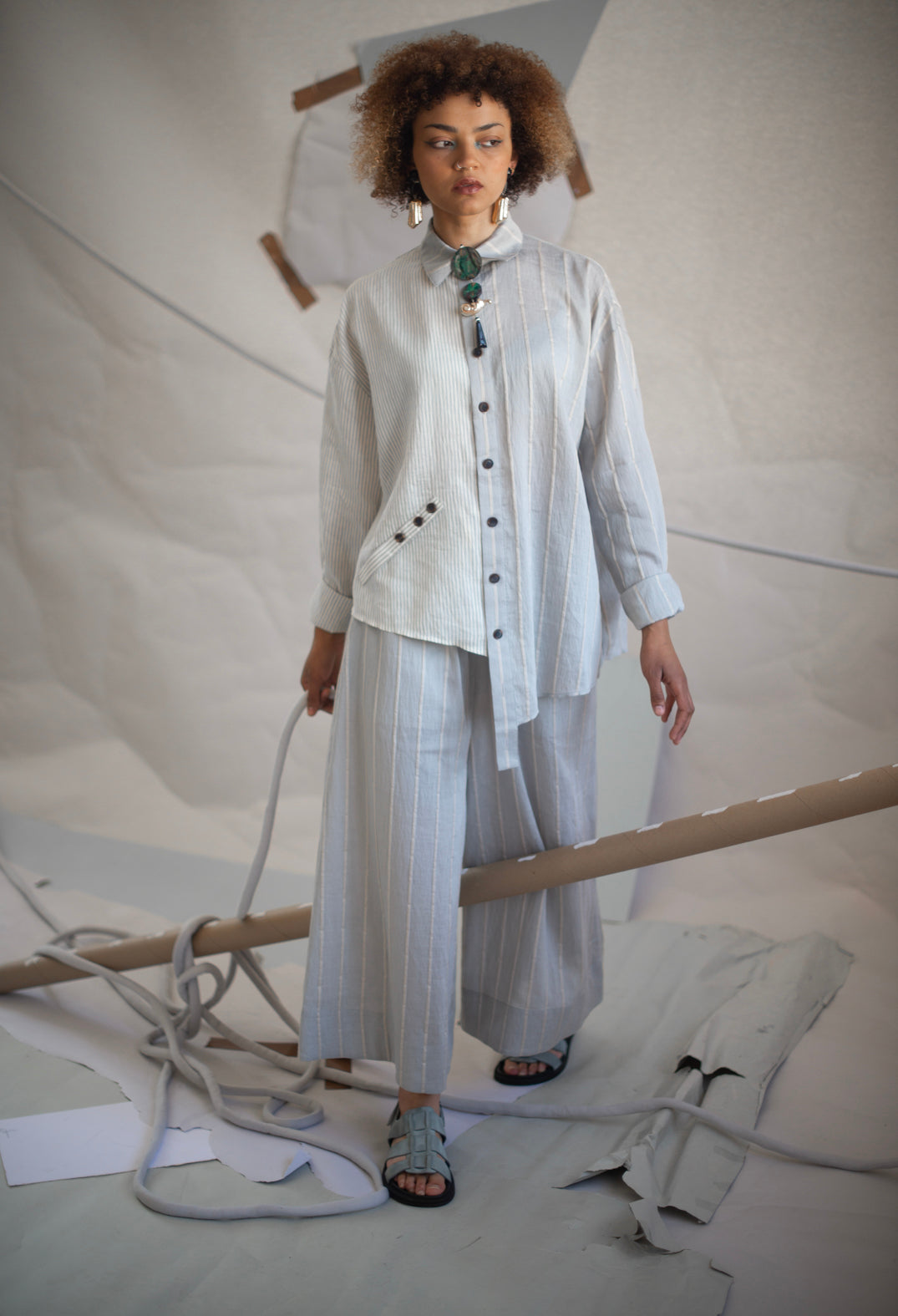 Drawstring Trousers in Grey Stripe