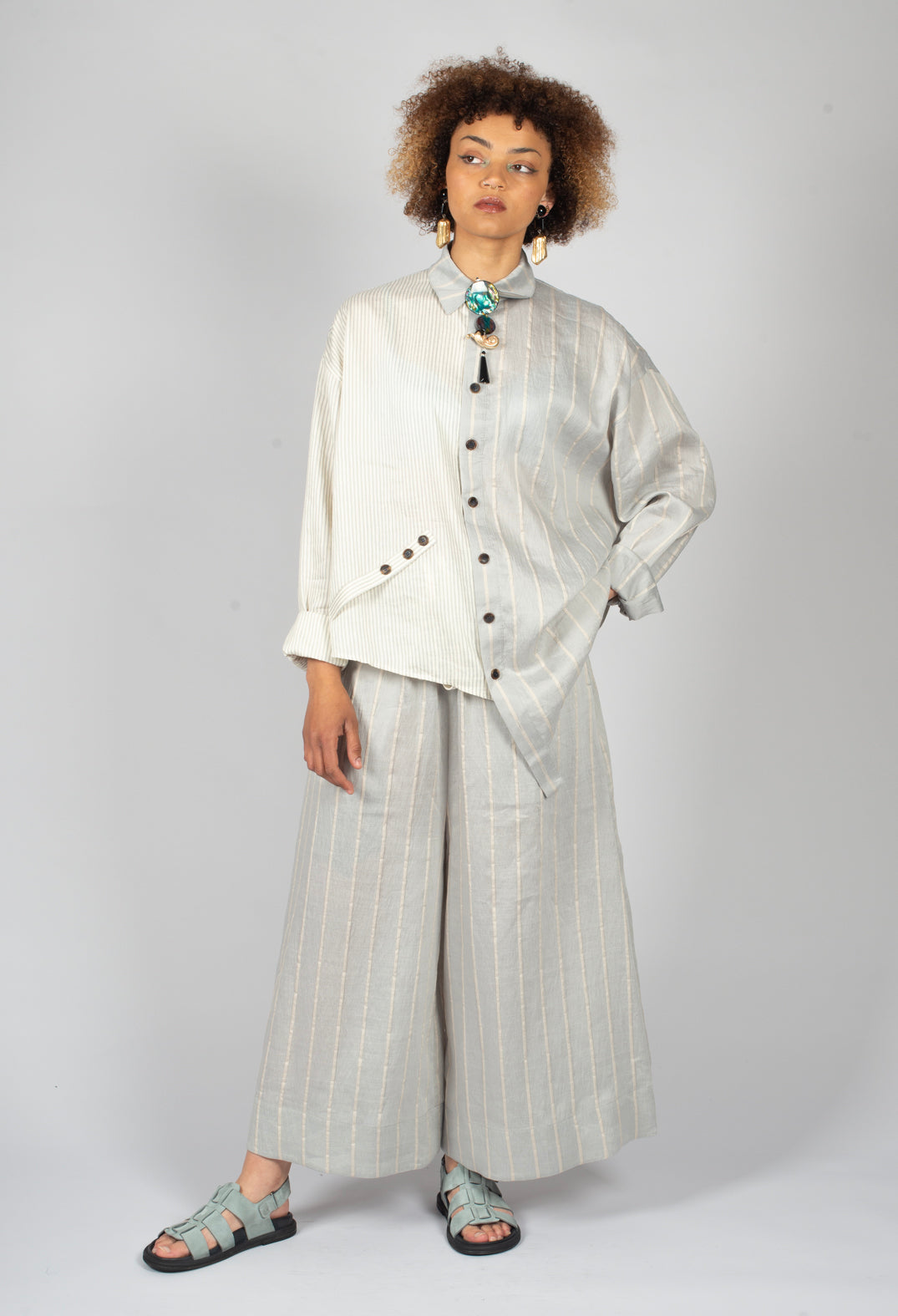 Drawstring Trousers in Grey Stripe