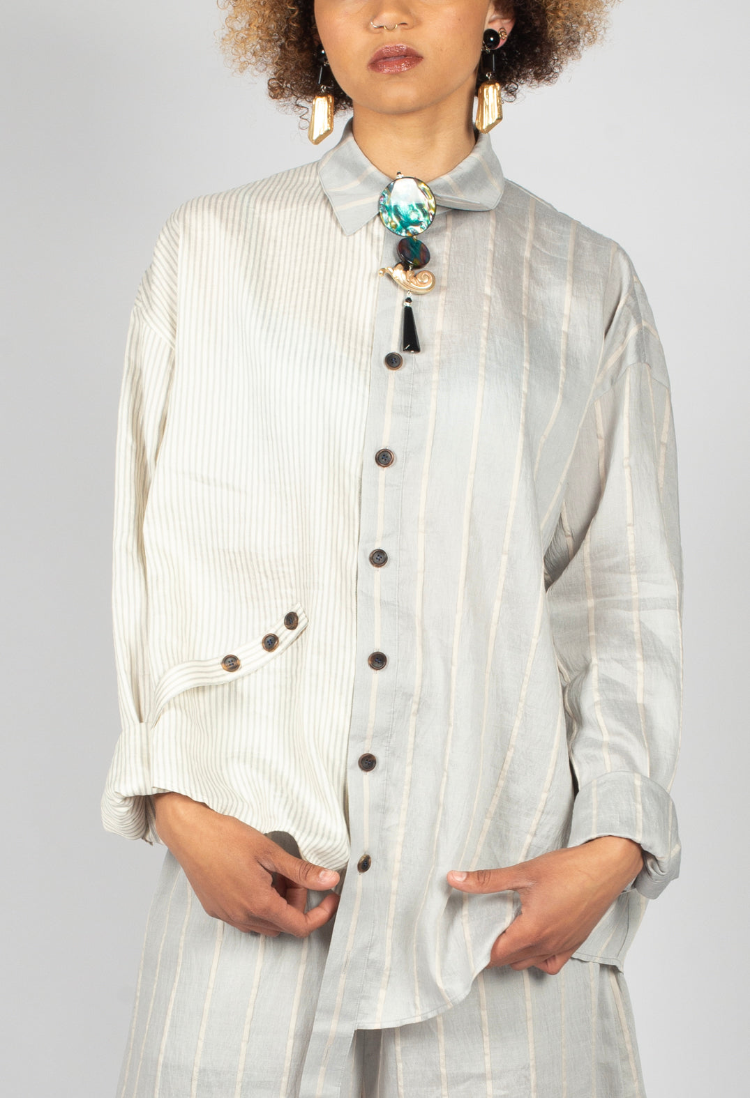 Asymmetric Shirt in Grey and Off White Stripe
