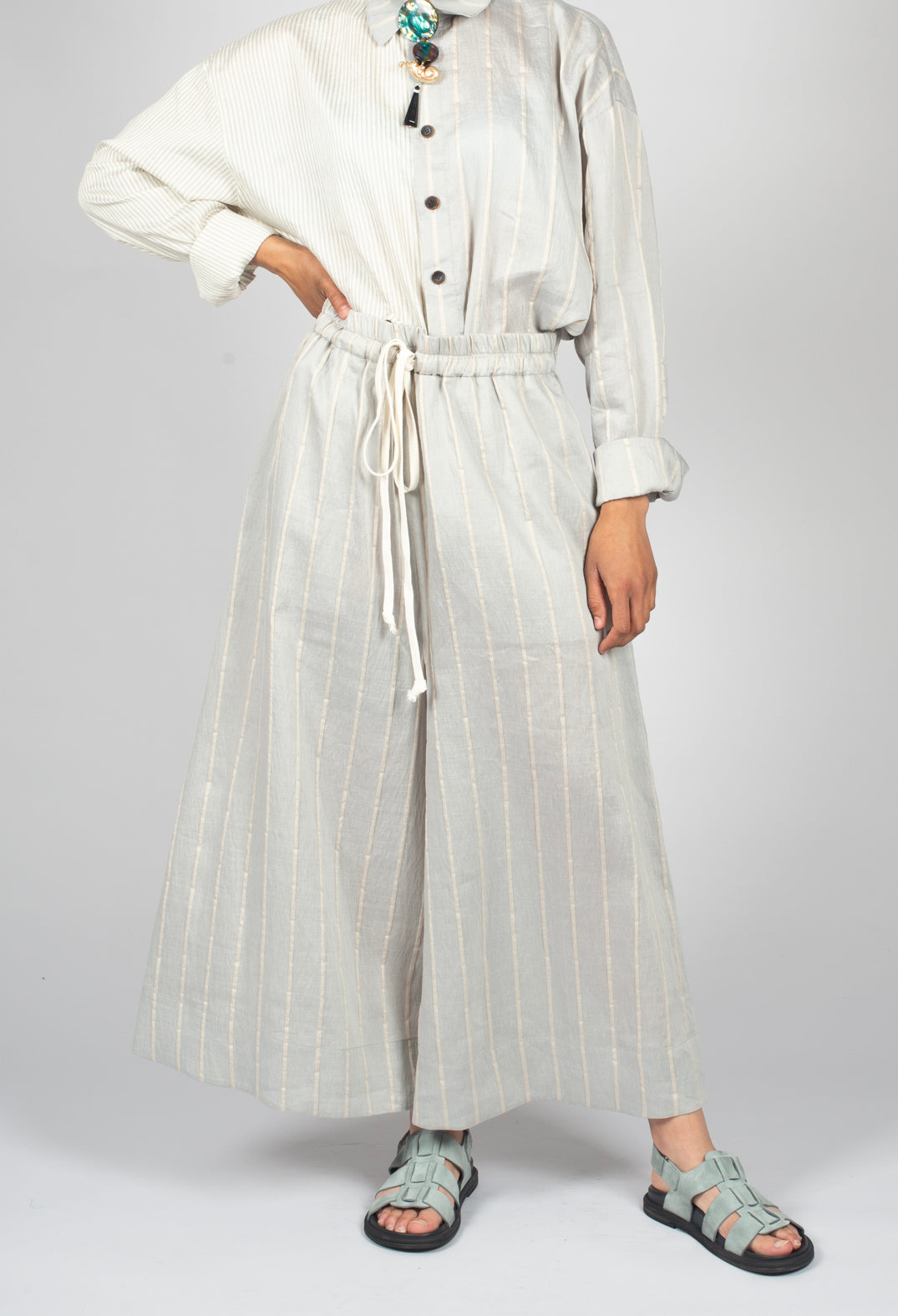 Drawstring Trousers in Grey Stripe