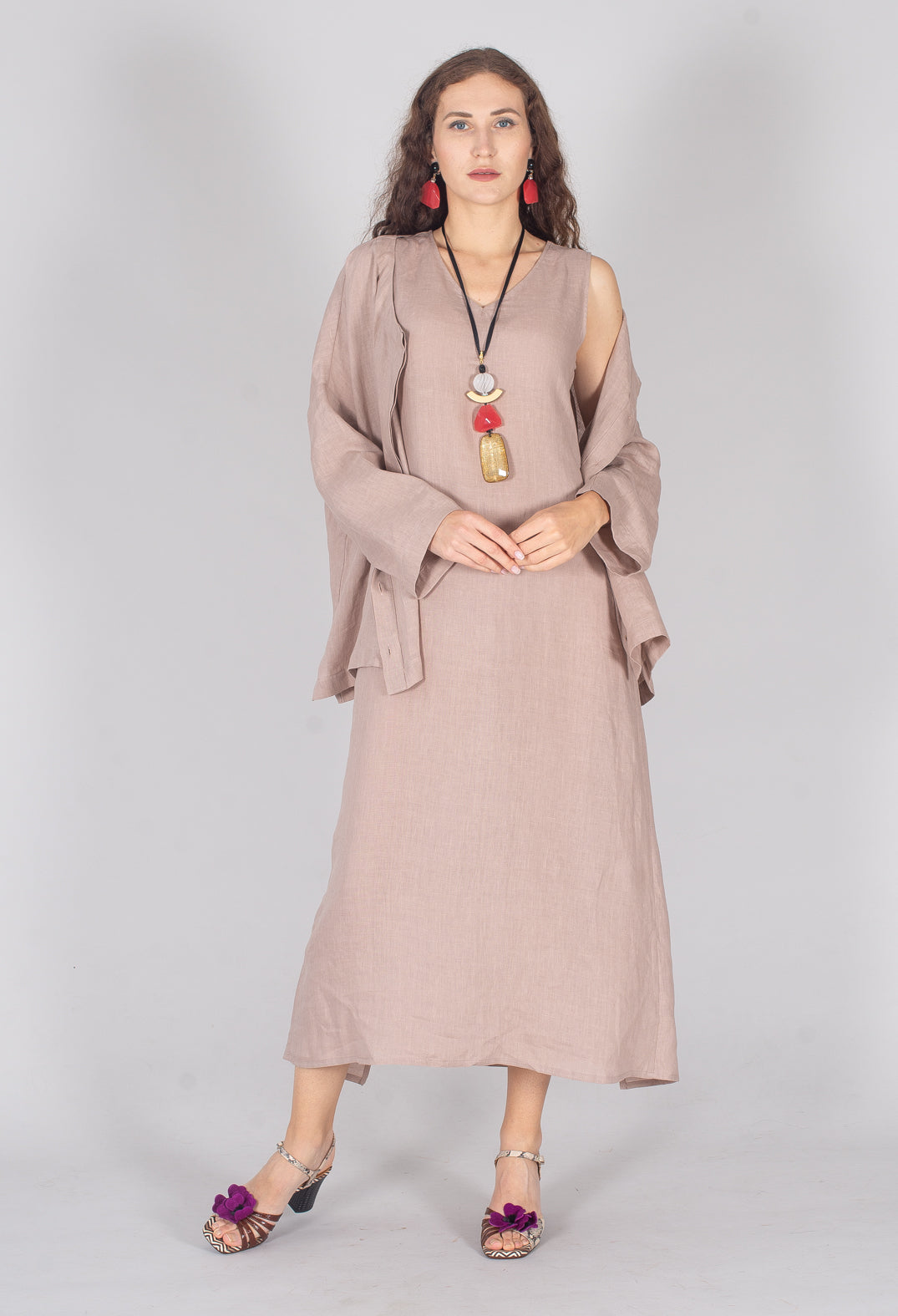 Collarless Linen Shirt in Dusky Pink