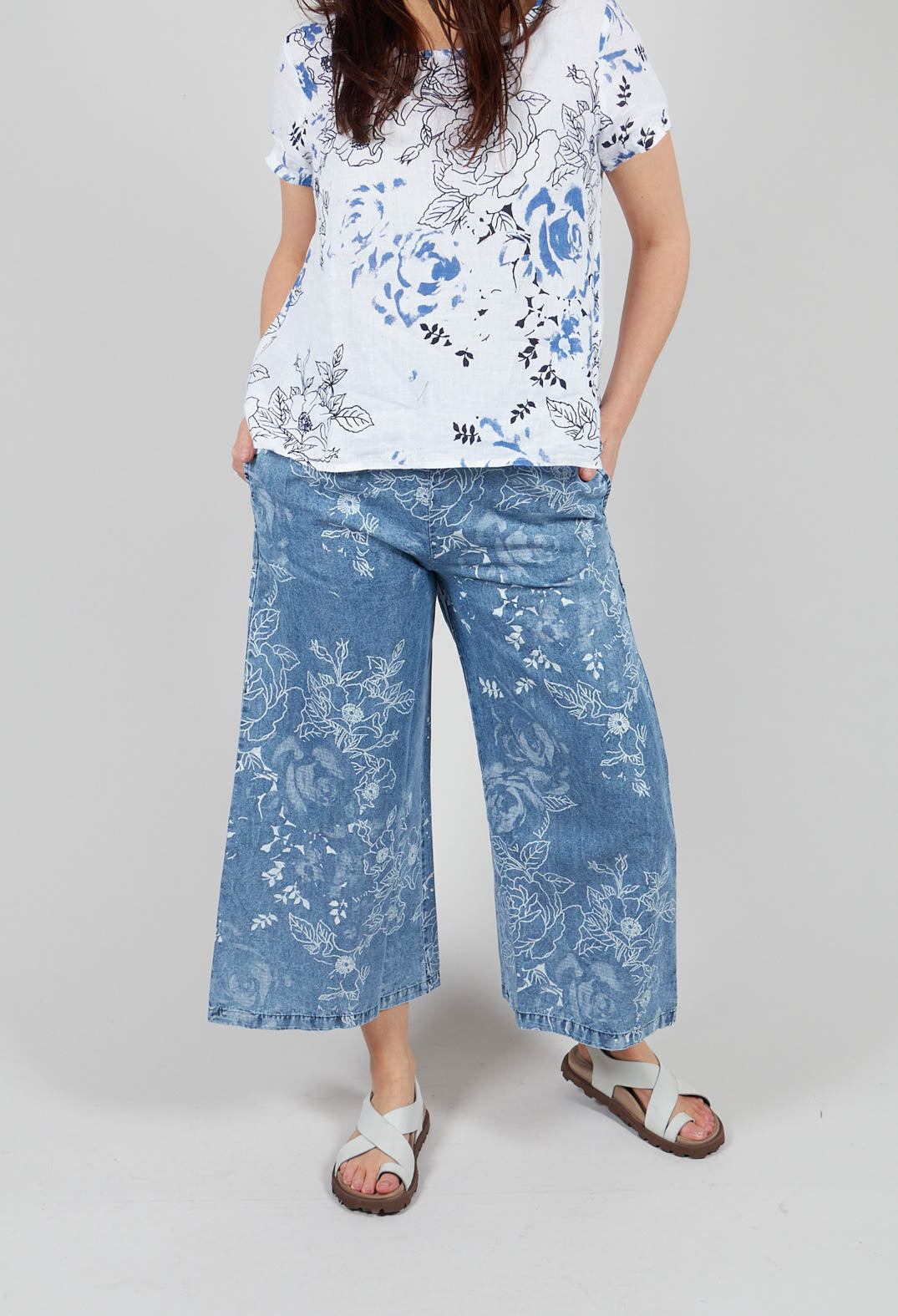 Denim Look Patterned Trouser in Stone Wash