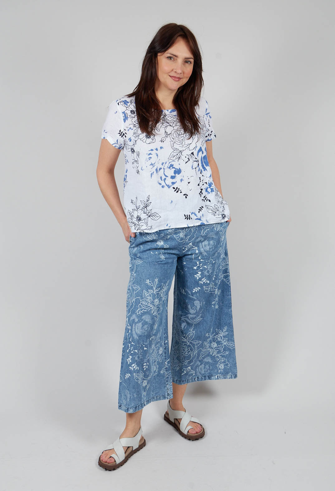 Denim Look Patterned Trouser in Stone Wash