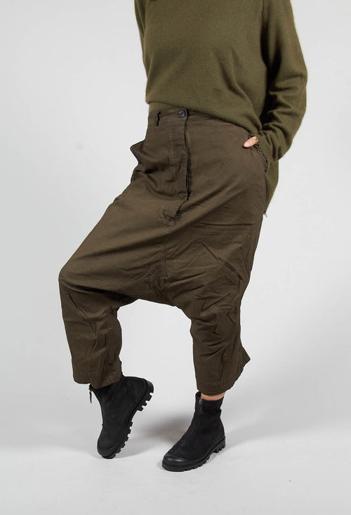 Distressed Cropped Drop Crotch Trousers in Khaki Cloud