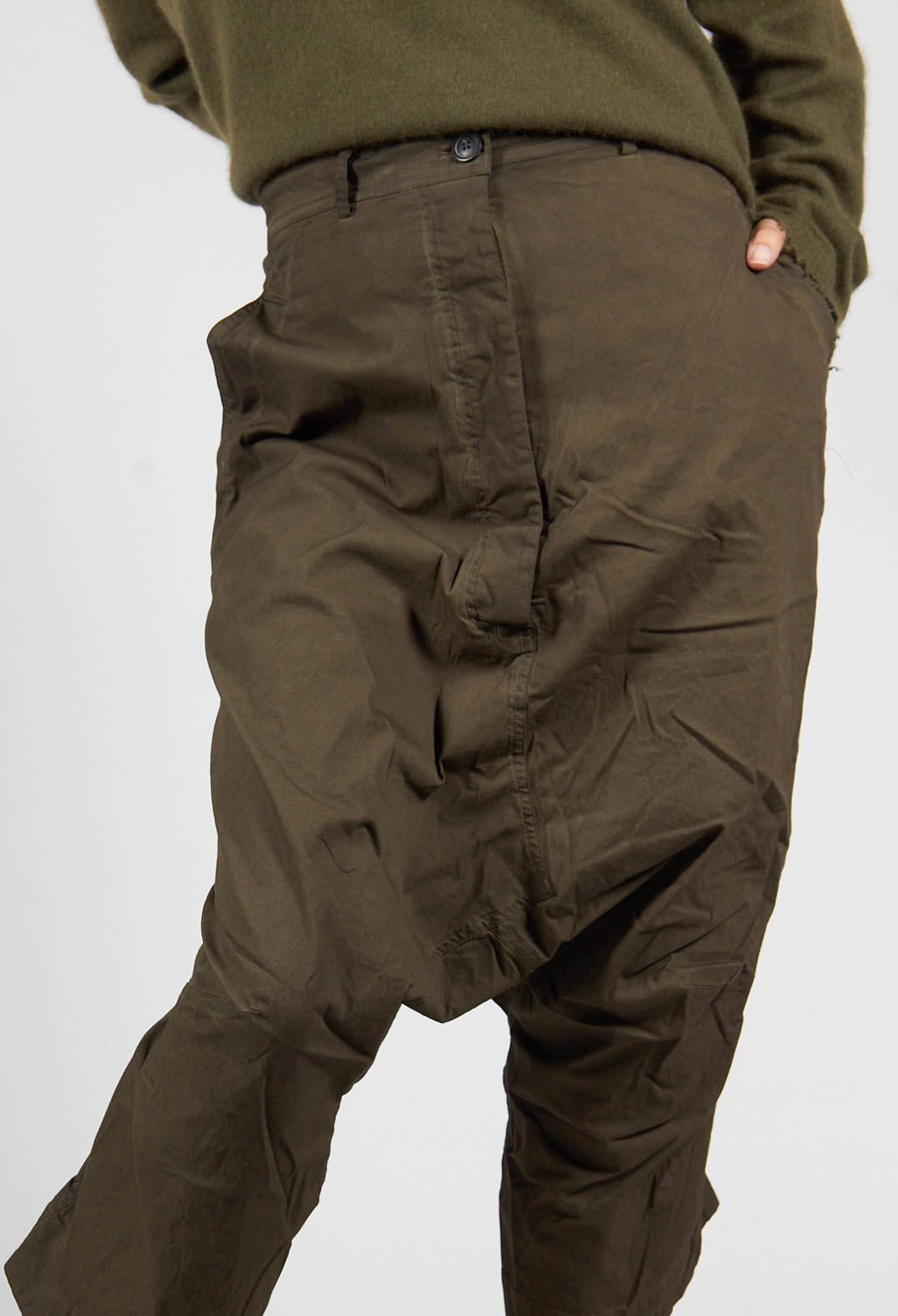 Distressed Cropped Drop Crotch Trousers in Khaki Cloud