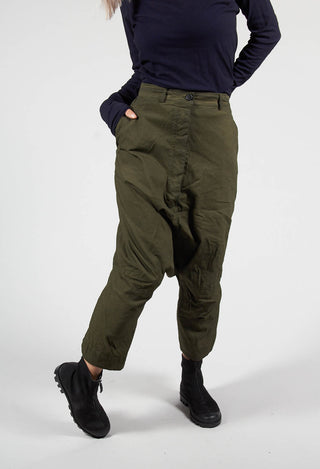 Distressed Cropped Drop Crotch Trousers in Olive Cloud