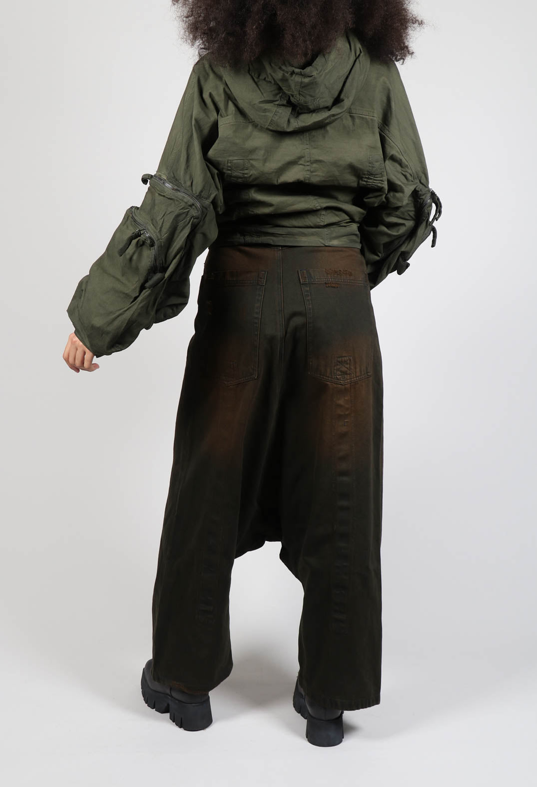Distressed Drop Crotch Trousers in Khaki