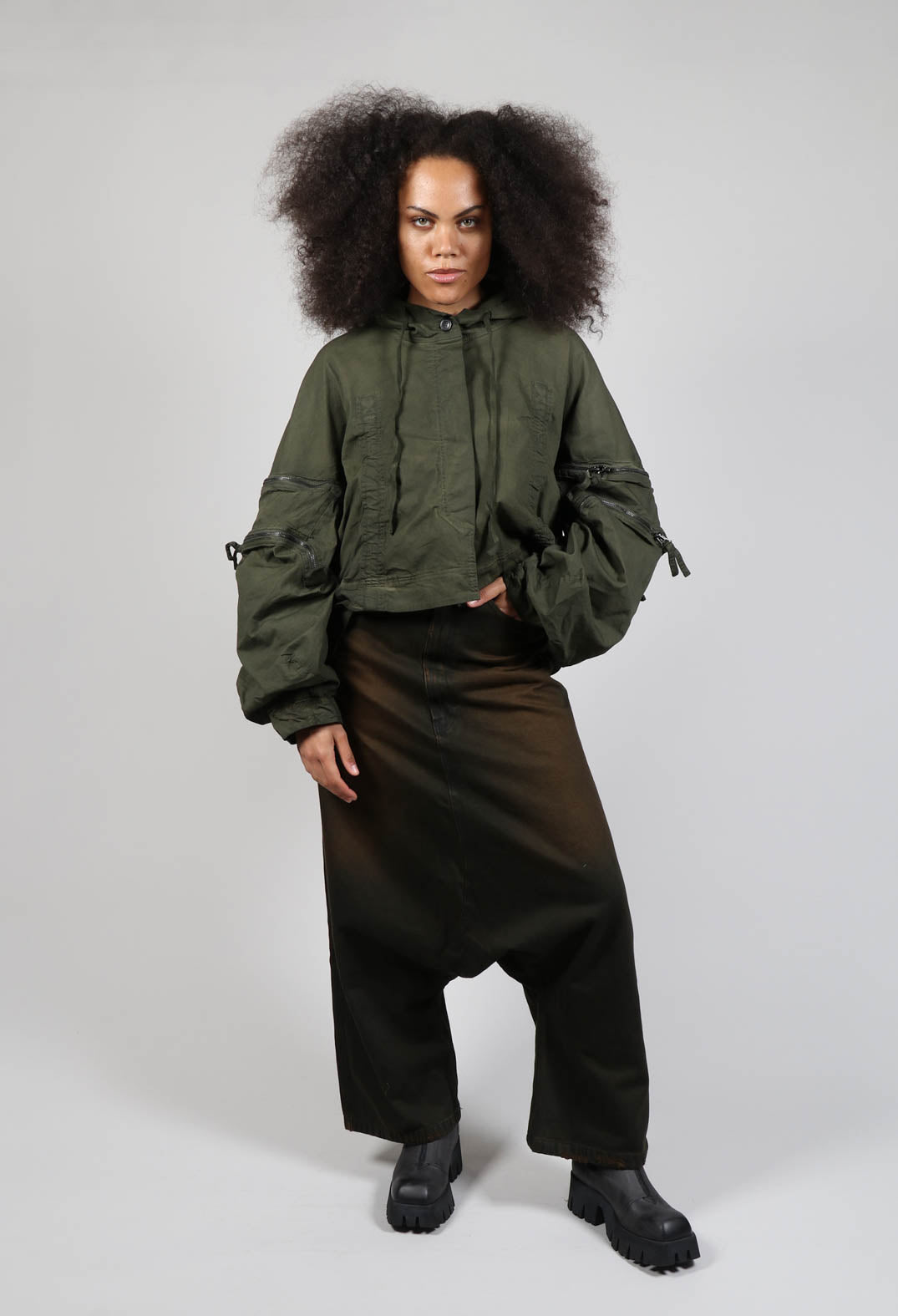Distressed Drop Crotch Trousers in Khaki