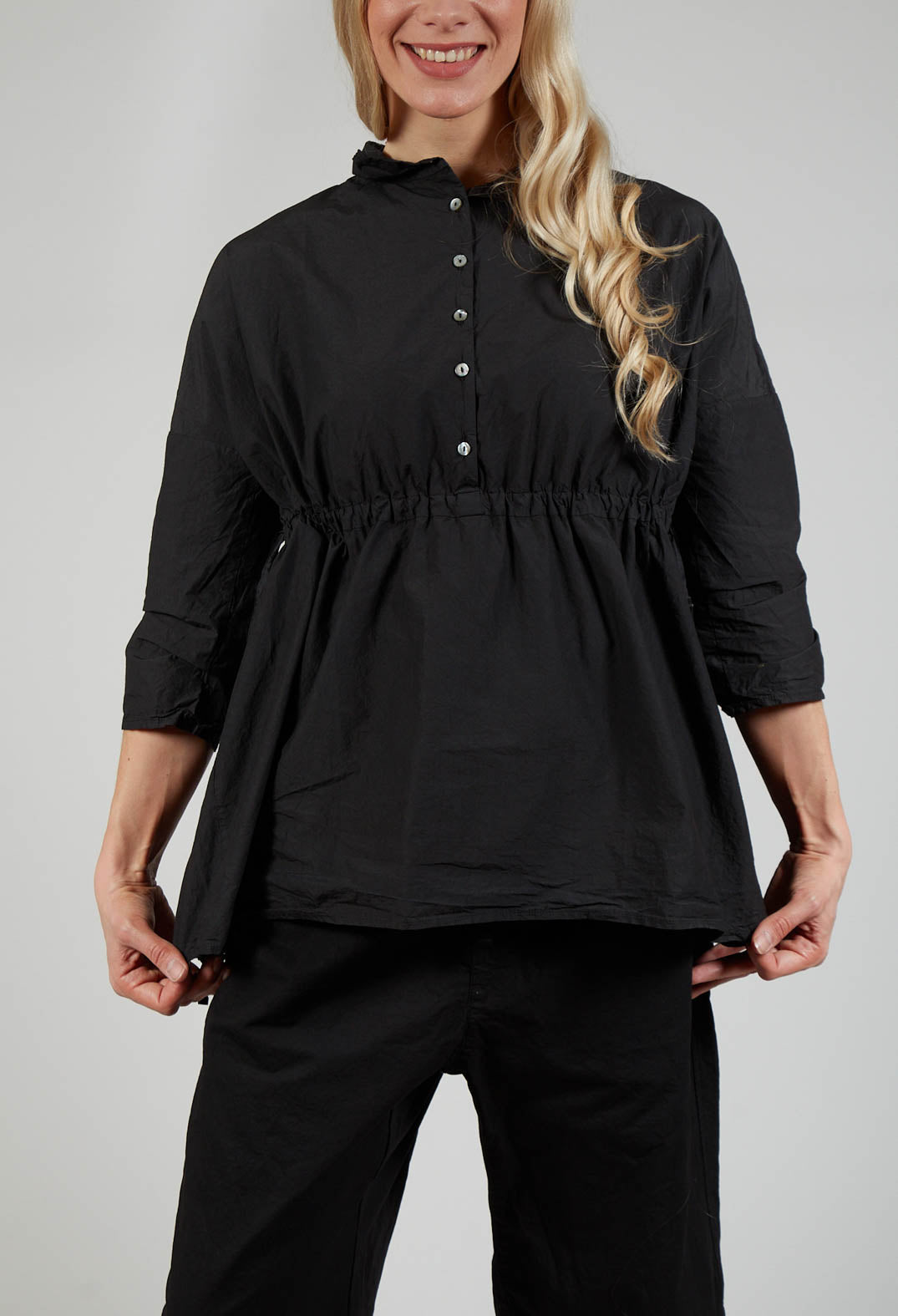 Drawstring Collar Shirt TC in Black