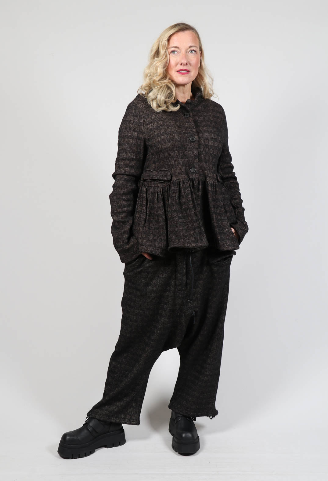 Drawstring Hem Jacket in Espresso Check