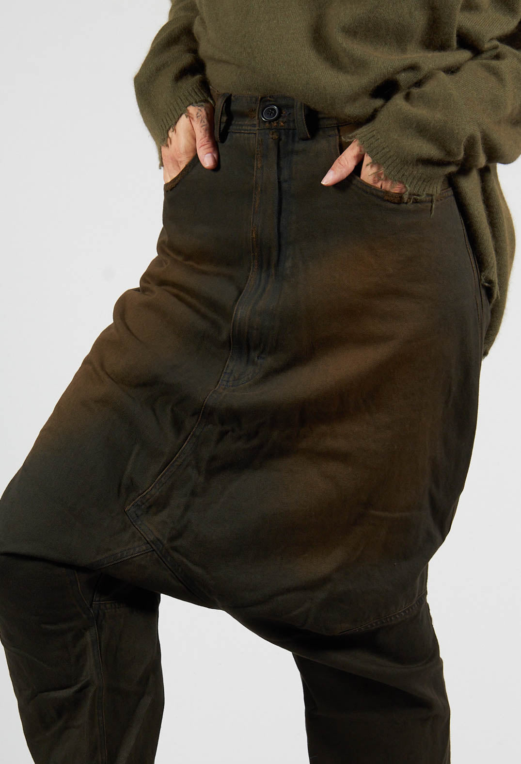 close up of ladies drop crotch trousers with cropped leg in khaki