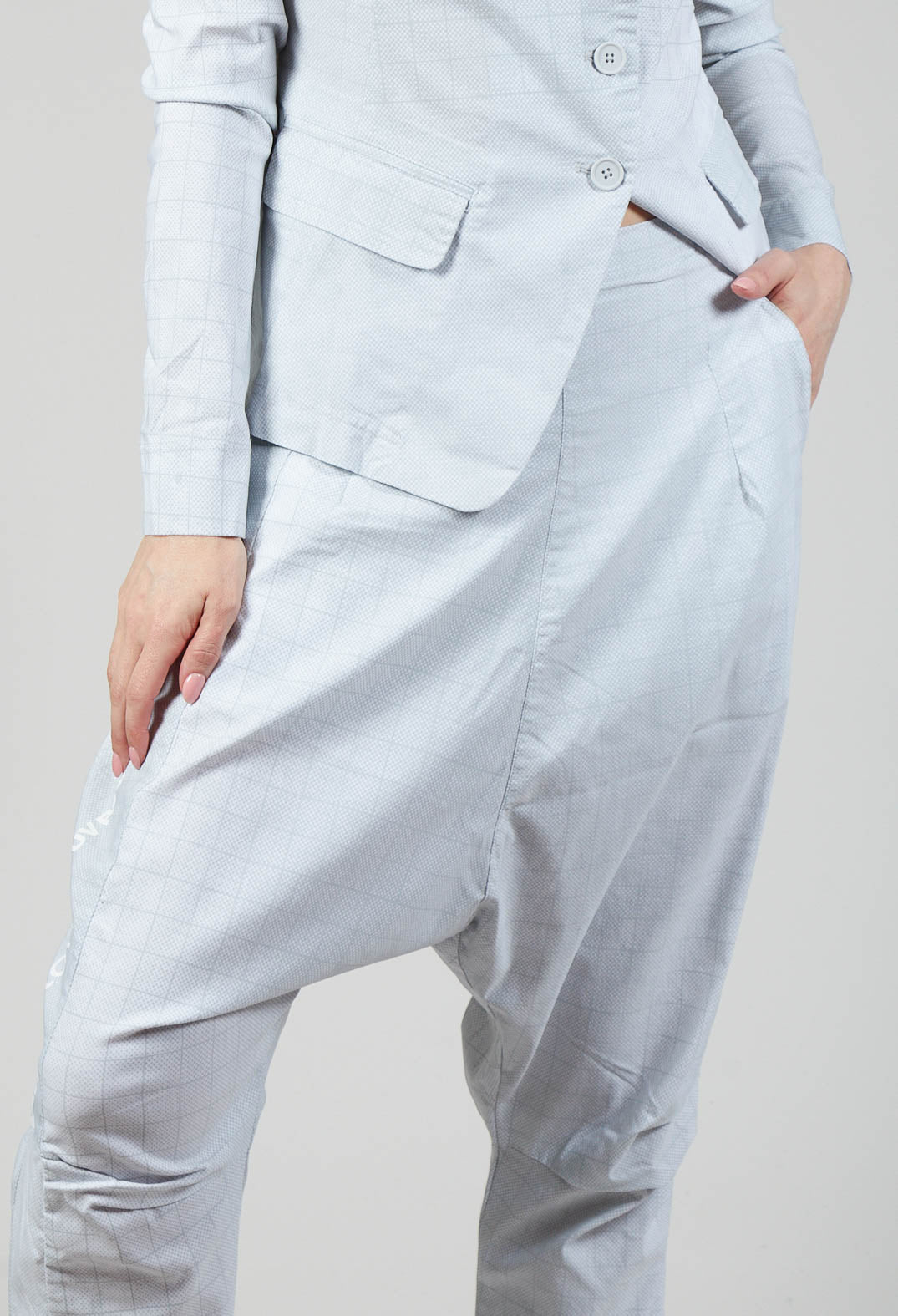 Drop Crotch Pull On Trousers in Placed Grey Print